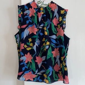 Navy JCrew Floral Sleeveless Blouse